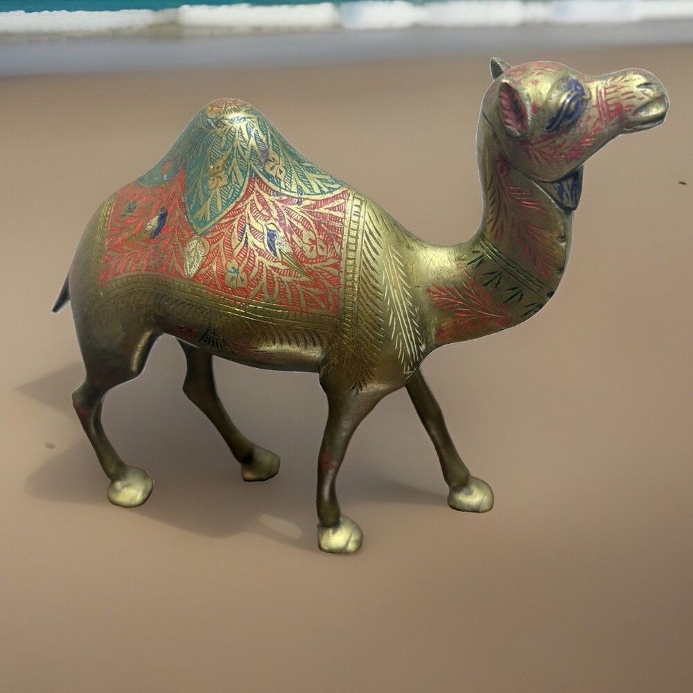 Vintage Solid Brass Camel Engraved Hand Painted Heavy Ornate Arabian Unique Rare